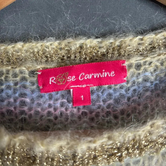 Rose Carmine Striped Mohair Blend Pullover Crew Neck Sweater Pastel Size S / M - Picture 3 of 4